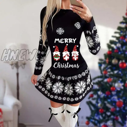 xsrrr Snowflake Deer Print Christmas Dress Women O-neck Long Sleeve Autumn Winter Casual Cute Mini Slim Festival Party Dresses