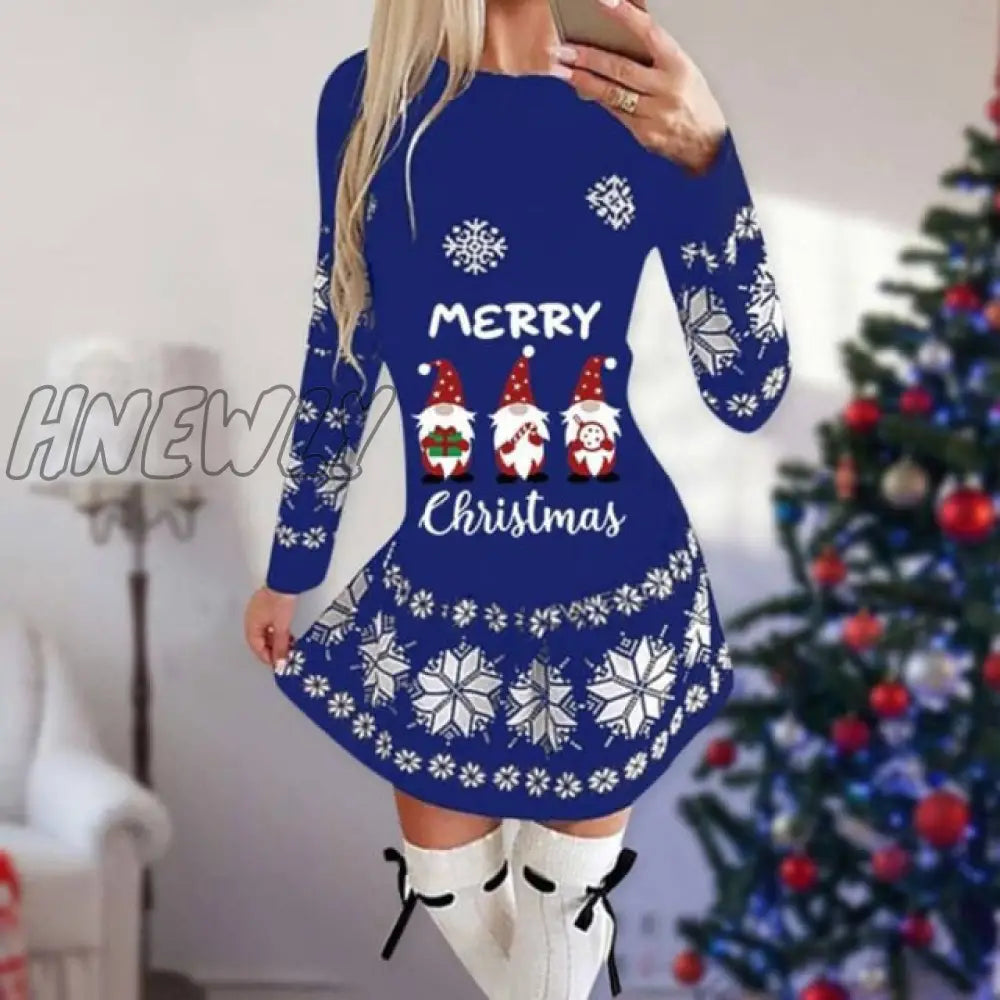 xsrrr Snowflake Deer Print Christmas Dress Women O-neck Long Sleeve Autumn Winter Casual Cute Mini Slim Festival Party Dresses