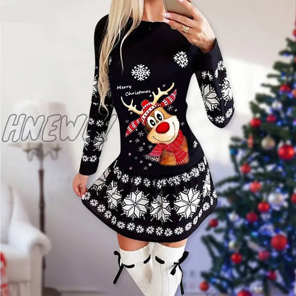 xsrrr Snowflake Deer Print Christmas Dress Women O-neck Long Sleeve Autumn Winter Casual Cute Mini Slim Festival Party Dresses