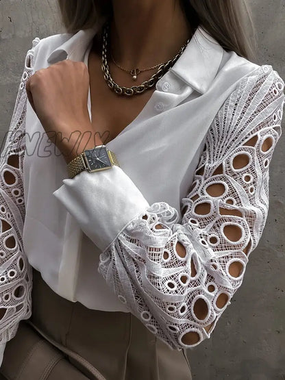 Hnewly Solid Elegant Shirts Blouse Women Lace Hollow Out Long Sleeve Lapel V Neck Shirts Ladies Summer Fall Tops and Blouses