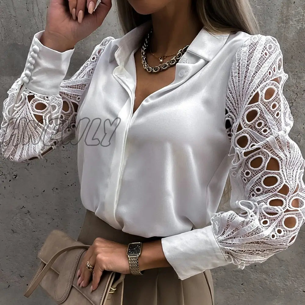 Hnewly Solid Elegant Shirts Blouse Women Lace Hollow Out Long Sleeve Lapel V Neck Shirts Ladies Summer Fall Tops and Blouses