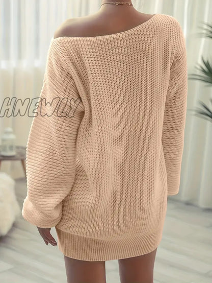 xsrrr Solid Off Shoulder Knitted Dress, Casual Long Sleeve Sweater Dress For Fall & Winter, Women's Clothing