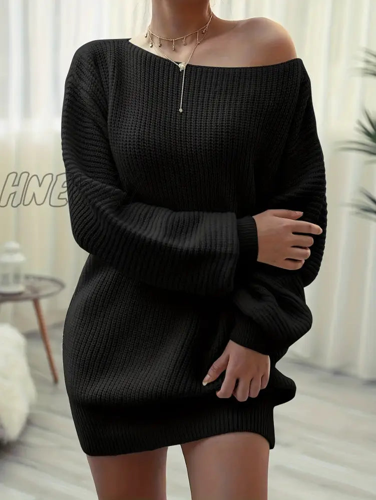 xsrrr Solid Off Shoulder Knitted Dress, Casual Long Sleeve Sweater Dress For Fall & Winter, Women's Clothing