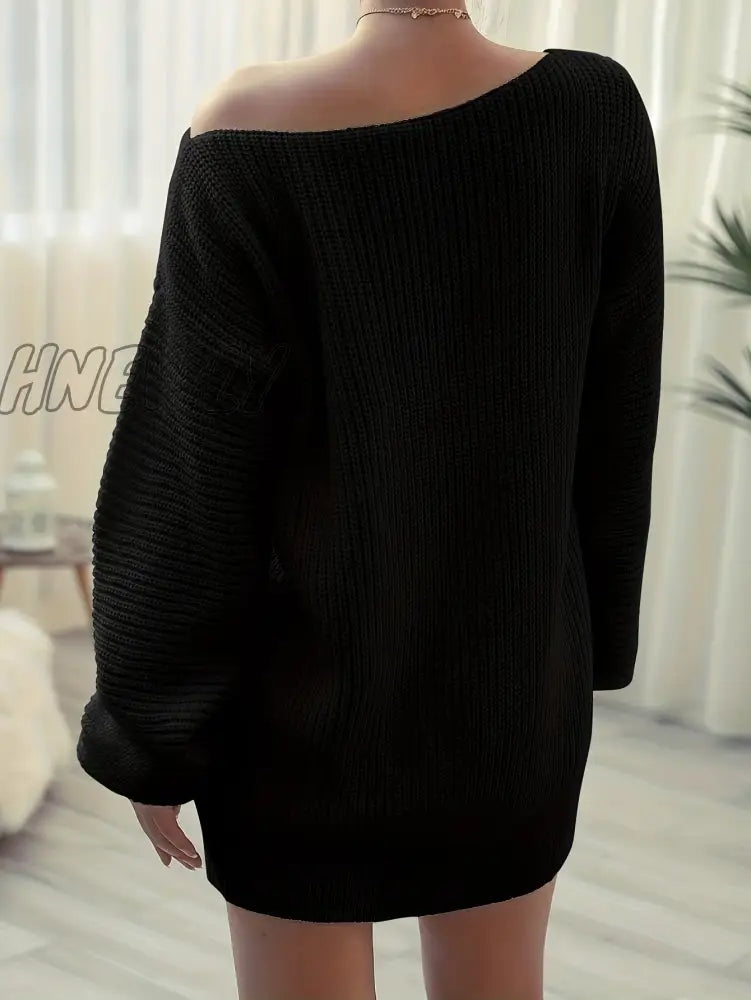 xsrrr Solid Off Shoulder Knitted Dress, Casual Long Sleeve Sweater Dress For Fall & Winter, Women's Clothing