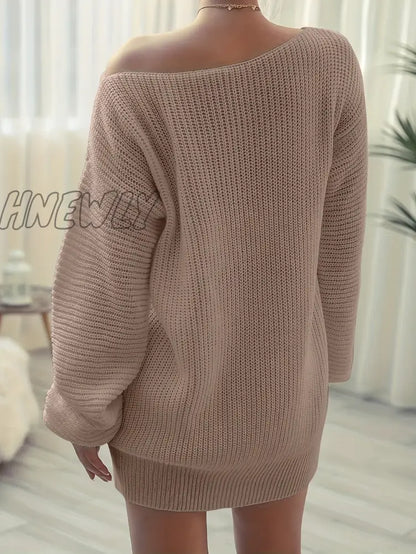 xsrrr Solid Off Shoulder Knitted Dress, Casual Long Sleeve Sweater Dress For Fall & Winter, Women's Clothing