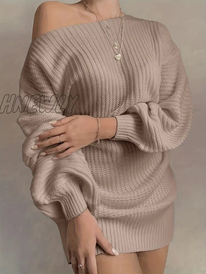 xsrrr Solid Off Shoulder Knitted Dress, Casual Long Sleeve Sweater Dress For Fall & Winter, Women's Clothing