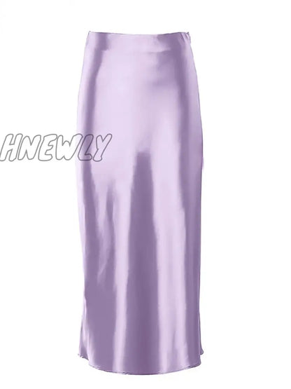 Hnewly Solid Purple Satin Silk Skirt Women High Waisted Summer Long Skirt New Elegant Ladies Office Skirts Midi Spring