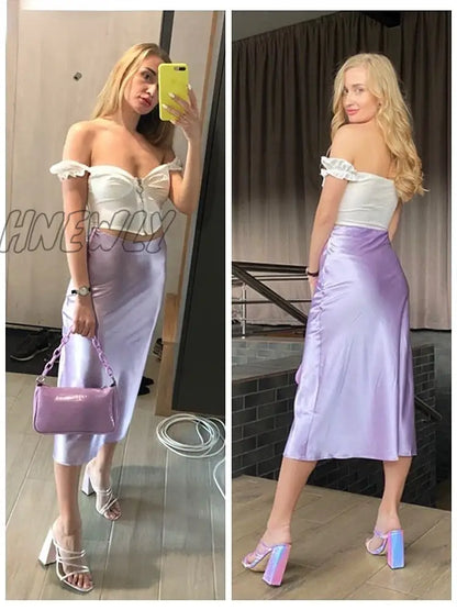 Hnewly Solid Purple Satin Silk Skirt Women High Waisted Summer Long Skirt New Elegant Ladies Office Skirts Midi Spring