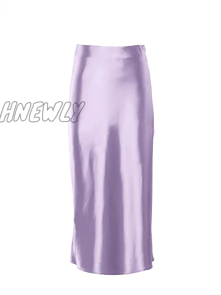 Hnewly Solid Purple Satin Silk Skirt Women High Waisted Summer Long Skirt New Elegant Ladies Office Skirts Midi Spring