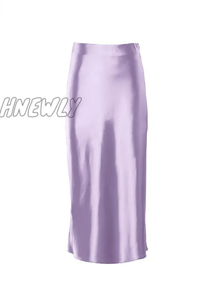 Hnewly Solid Purple Satin Silk Skirt Women High Waisted Summer Long Skirt New Elegant Ladies Office Skirts Midi Spring