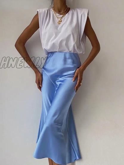 Hnewly Solid Purple Satin Silk Skirt Women High Waisted Summer Long Skirt New Elegant Ladies Office Skirts Midi Spring