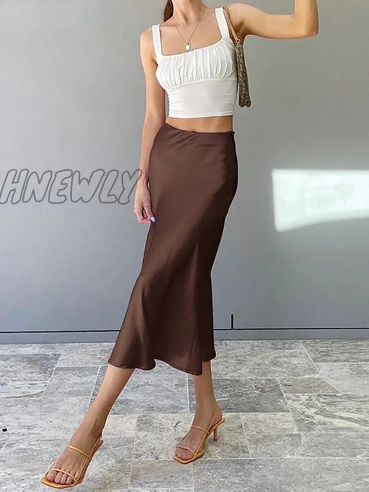 Hnewly Solid Purple Satin Silk Skirt Women High Waisted Summer Long Skirt New Elegant Ladies Office Skirts Midi Spring