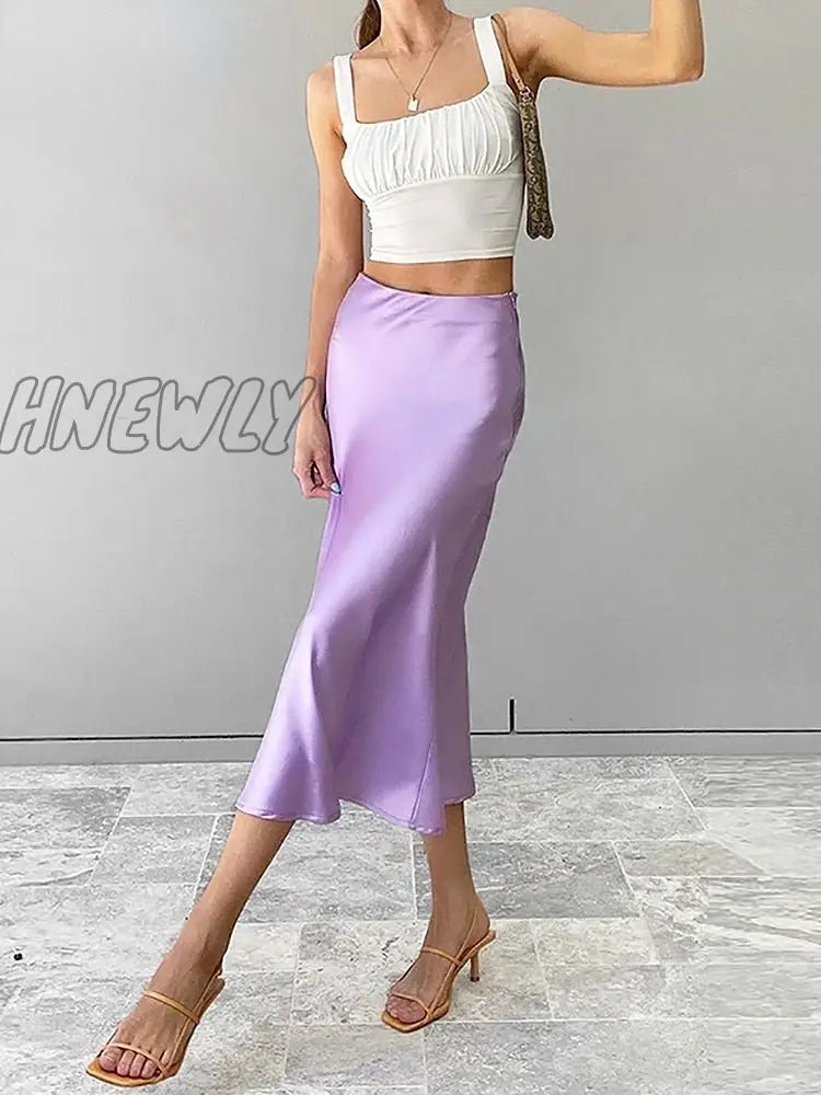 Hnewly Solid Purple Satin Silk Skirt Women High Waisted Summer Long Skirt New Elegant Ladies Office Skirts Midi Spring