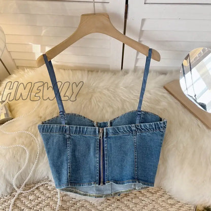 xsrrr Spaghetti Strap Denim Drawstring Tanks Camis for Women Almighty Summer Sexy Femme Corset Crop Tops with Built In Bras Camisoles