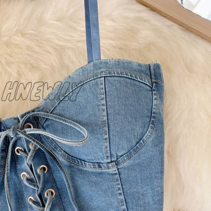 xsrrr Spaghetti Strap Denim Drawstring Tanks Camis for Women Almighty Summer Sexy Femme Corset Crop Tops with Built In Bras Camisoles