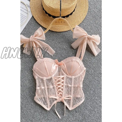 xsrrr Spaghetti Strap Tank Top for Women Strapless Build in Bra Lace Patchwrok Tulle Bow Camis Summer Casual Female Camisoles