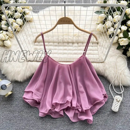 Hnewly Spaghetti Straps Ruffle Sleeveless Tanks and Camis Korean Fashion Corset Crop Tops Solid Tank Camisoles Summer Women Clothes Y2k