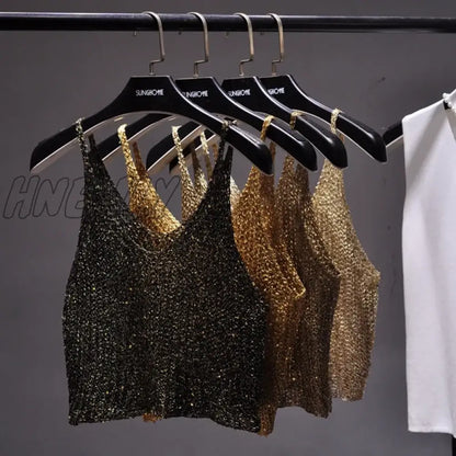 xsrrr Sparkling Sequins Half Waist Render Knitwear Hollow-out Is Sexy Waist Condole Top Cropped  Sexy Streetwear   Woman Tops Summer