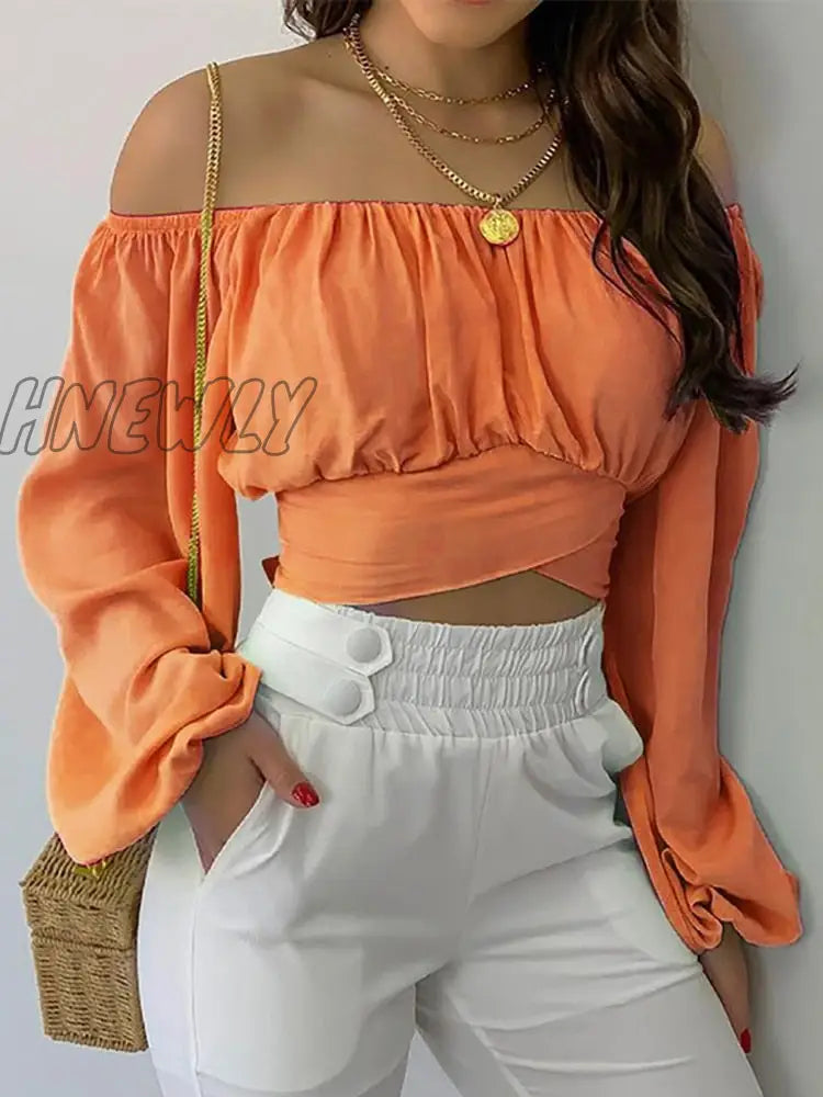 Hnewly Spring and Summer Ladies's Strapless Cross Strap Long Sleeve Top  Woman Tshirts  Women Tops  Blouse Corset  Long Sleeve Top Women