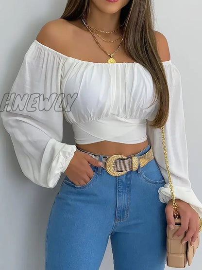 Hnewly Spring and Summer Ladies's Strapless Cross Strap Long Sleeve Top  Woman Tshirts  Women Tops  Blouse Corset  Long Sleeve Top Women