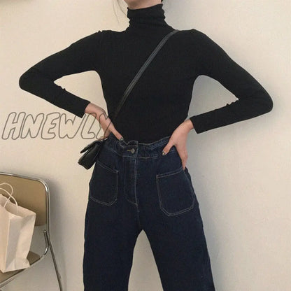 Hnewly Spring Autumn Long Sleeve Top Slim Knitted Bottoming Shirt Korean Fashion Black Turtleneck Sweater Women Clothing Pullover