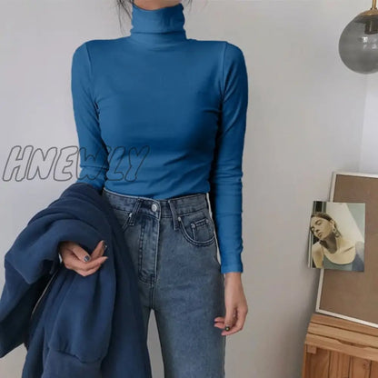 Hnewly Spring Autumn Long Sleeve Top Slim Knitted Bottoming Shirt Korean Fashion Black Turtleneck Sweater Women Clothing Pullover