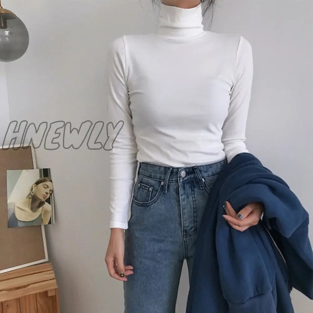 Hnewly Spring Autumn Long Sleeve Top Slim Knitted Bottoming Shirt Korean Fashion Black Turtleneck Sweater Women Clothing Pullover