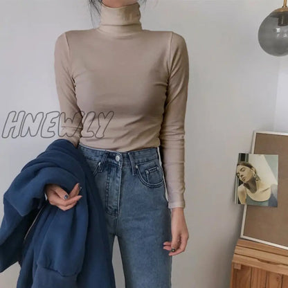 Hnewly Spring Autumn Long Sleeve Top Slim Knitted Bottoming Shirt Korean Fashion Black Turtleneck Sweater Women Clothing Pullover