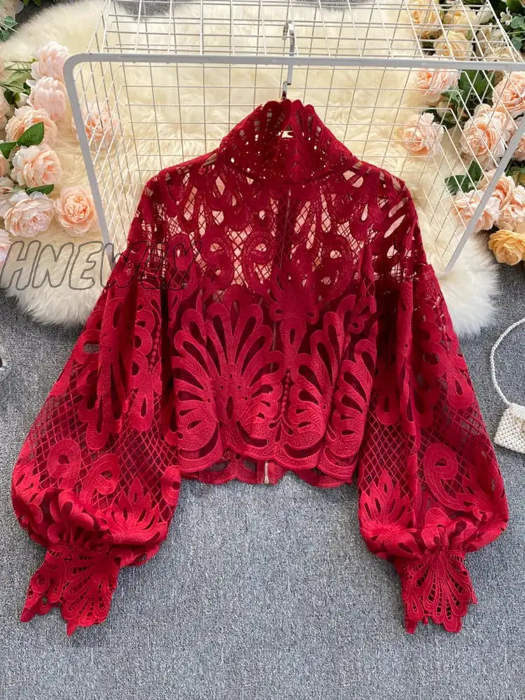 Hnewly Spring Autumn New Fashion Blouse Female Hollow Lantern Sleeve Temperament Blusa Stand-up Collar Slim Short Lace Shirt