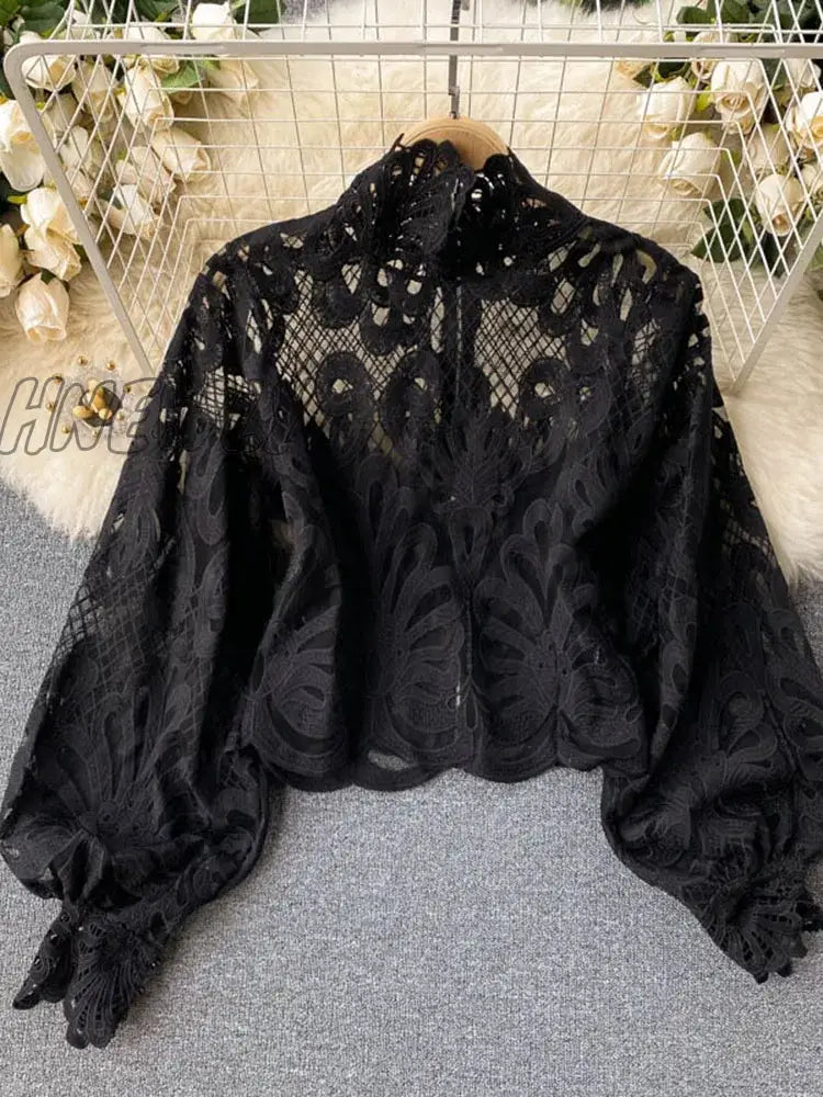 Hnewly Spring Autumn New Fashion Blouse Female Hollow Lantern Sleeve Temperament Blusa Stand-up Collar Slim Short Lace Shirt