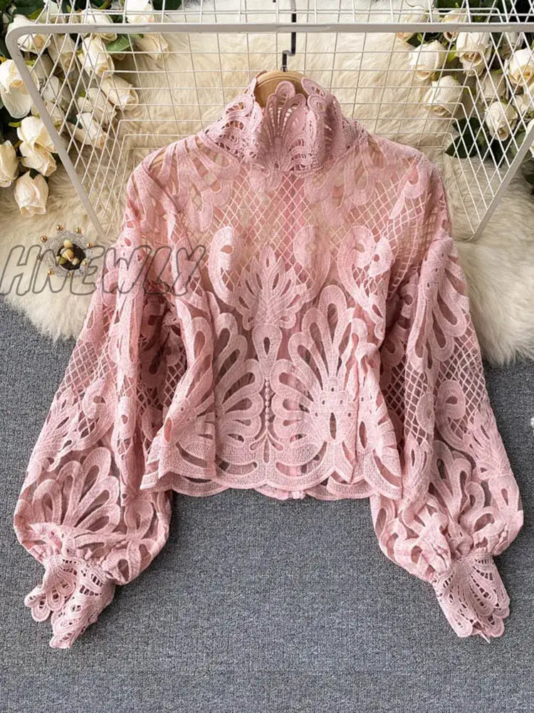 Hnewly Spring Autumn New Fashion Blouse Female Hollow Lantern Sleeve Temperament Blusa Stand-up Collar Slim Short Lace Shirt