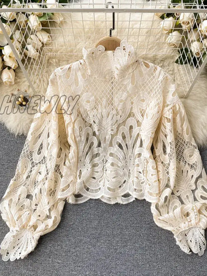 Hnewly Spring Autumn New Fashion Blouse Female Hollow Lantern Sleeve Temperament Blusa Stand-up Collar Slim Short Lace Shirt