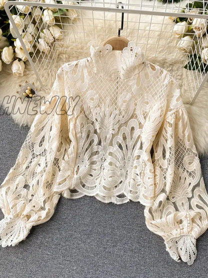 Hnewly Spring Autumn New Fashion Blouse Female Hollow Lantern Sleeve Temperament Blusa Stand-up Collar Slim Short Lace Shirt