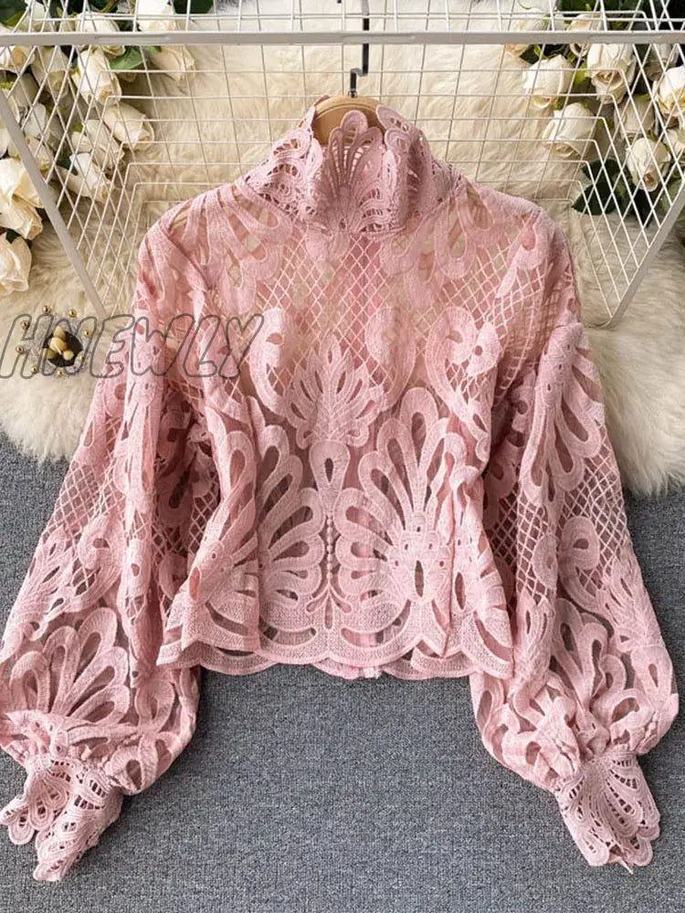 Hnewly Spring Autumn New Fashion Blouse Female Hollow Lantern Sleeve Temperament Blusa Stand-up Collar Slim Short Lace Shirt