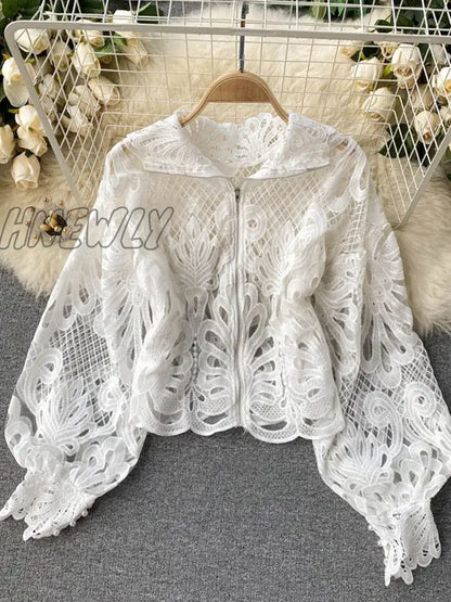 Hnewly Spring Autumn New Fashion Blouse Female Hollow Lantern Sleeve Temperament Blusa Stand-up Collar Slim Short Lace Shirt