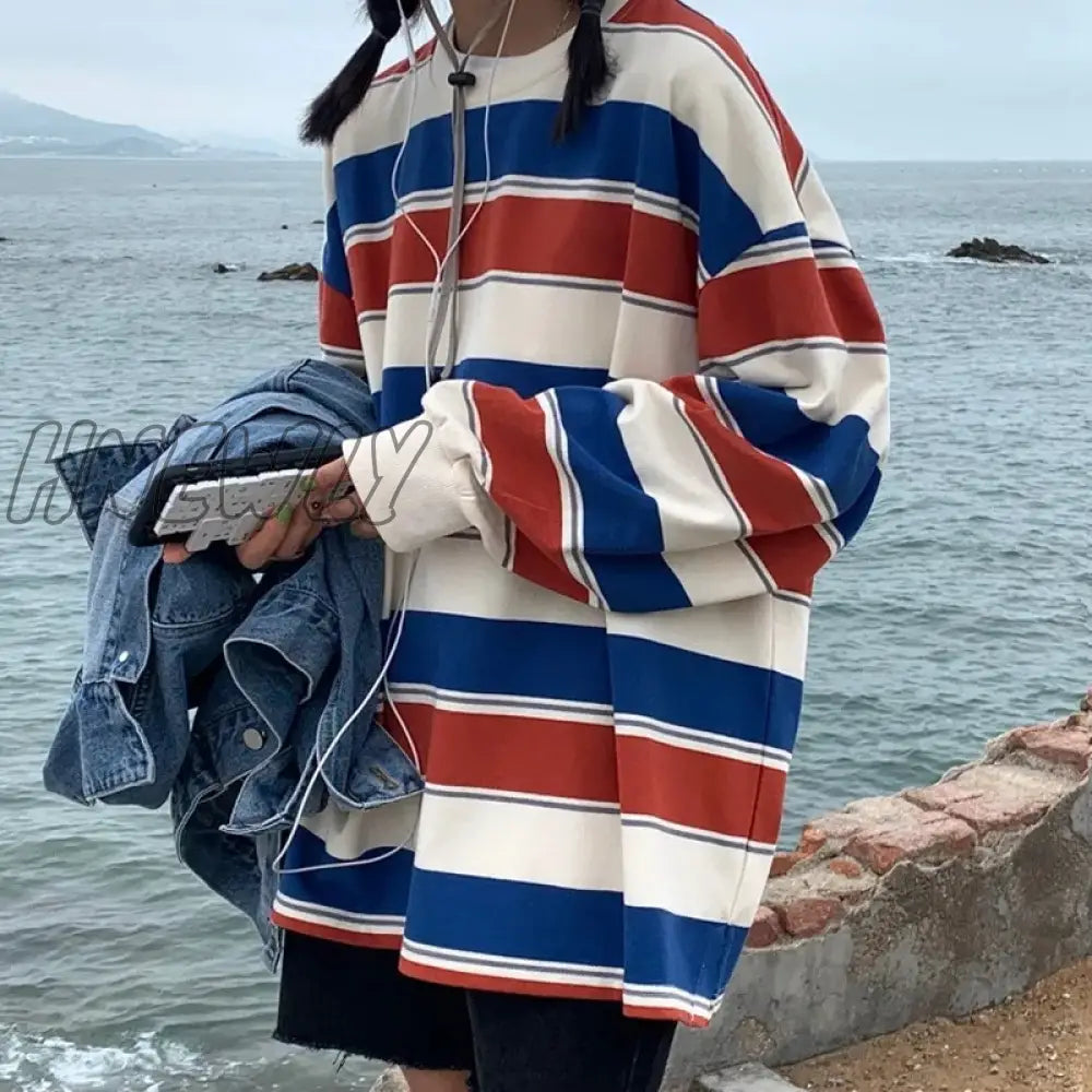 xsrrr Spring Autumn Striped Hoodies Women Fashion Long Sleeve Hoodie Sweatshirt Harajuku Jumper Cotton Pullovers Casual Oversized Coat