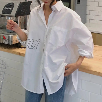 Hnewly Spring Autumn Women Shirts White Plain Loose Oversized Blouses Female Tops Loose Korean Style Blusas Pockets