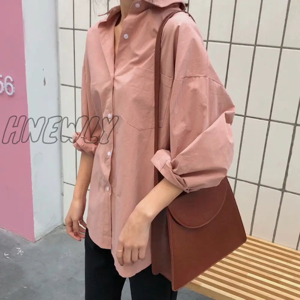 Hnewly Spring Autumn Women Shirts White Plain Loose Oversized Blouses Female Tops Loose Korean Style Blusas Pockets