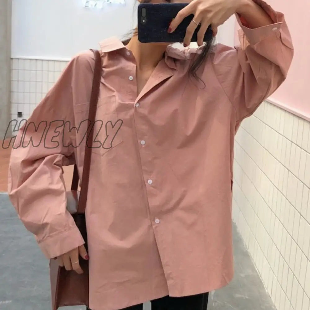 Hnewly Spring Autumn Women Shirts White Plain Loose Oversized Blouses Female Tops Loose Korean Style Blusas Pockets