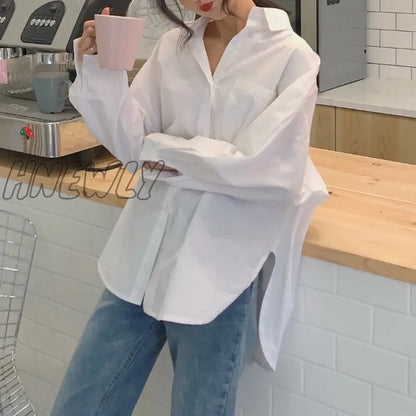 Hnewly Spring Autumn Women Shirts White Plain Loose Oversized Blouses Female Tops Loose Korean Style Blusas Pockets