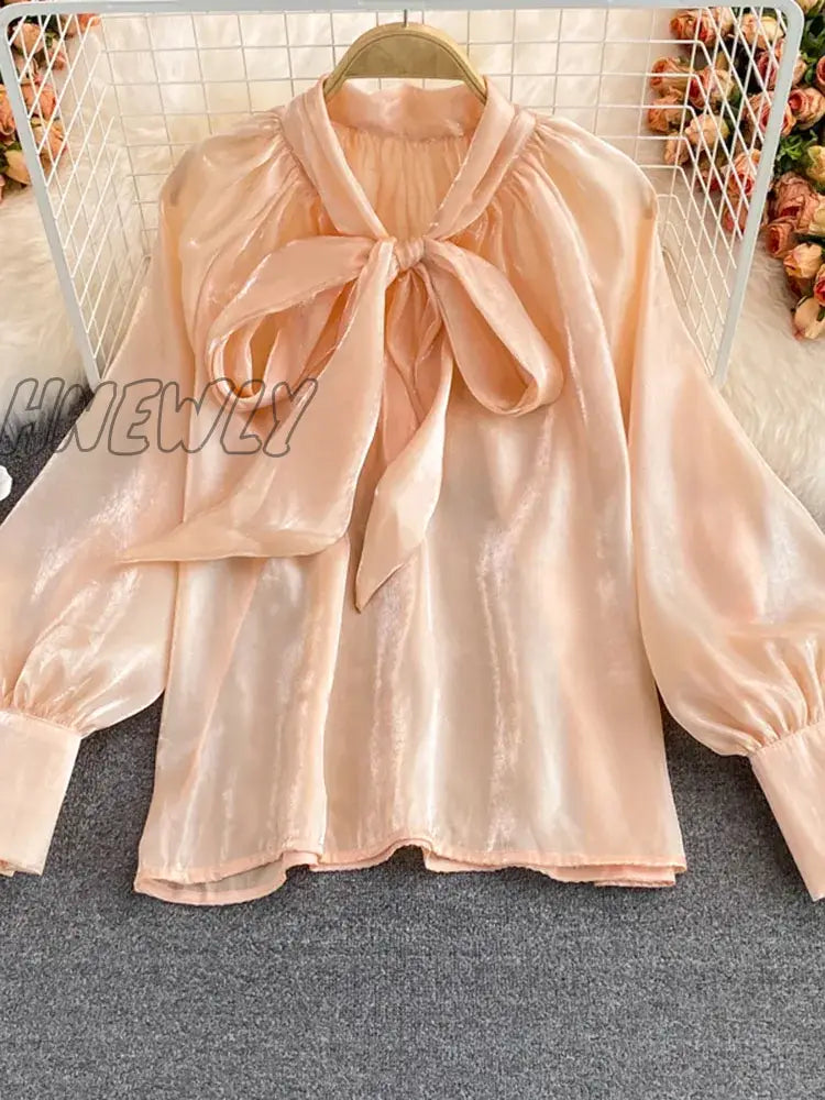 Hnewly Spring Autumn Women's New Tops Bowknot Lantern Sleeves Loose All-match Temperament Ladies Shirt UK113 Women  Blouses