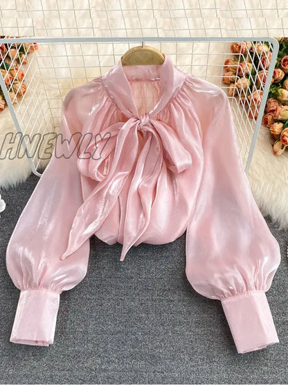 Hnewly Spring Autumn Women's New Tops Bowknot Lantern Sleeves Loose All-match Temperament Ladies Shirt UK113 Women  Blouses