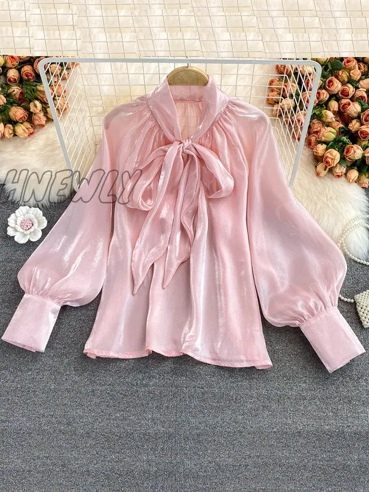 Hnewly Spring Autumn Women's New Tops Bowknot Lantern Sleeves Loose All-match Temperament Ladies Shirt UK113 Women  Blouses