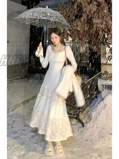 xsrrr Spring Elegant Knitted Dress Women Lace Patchwork Koeran Princess Midi Dress Female Casual Sweet Even Party Fairy Dress