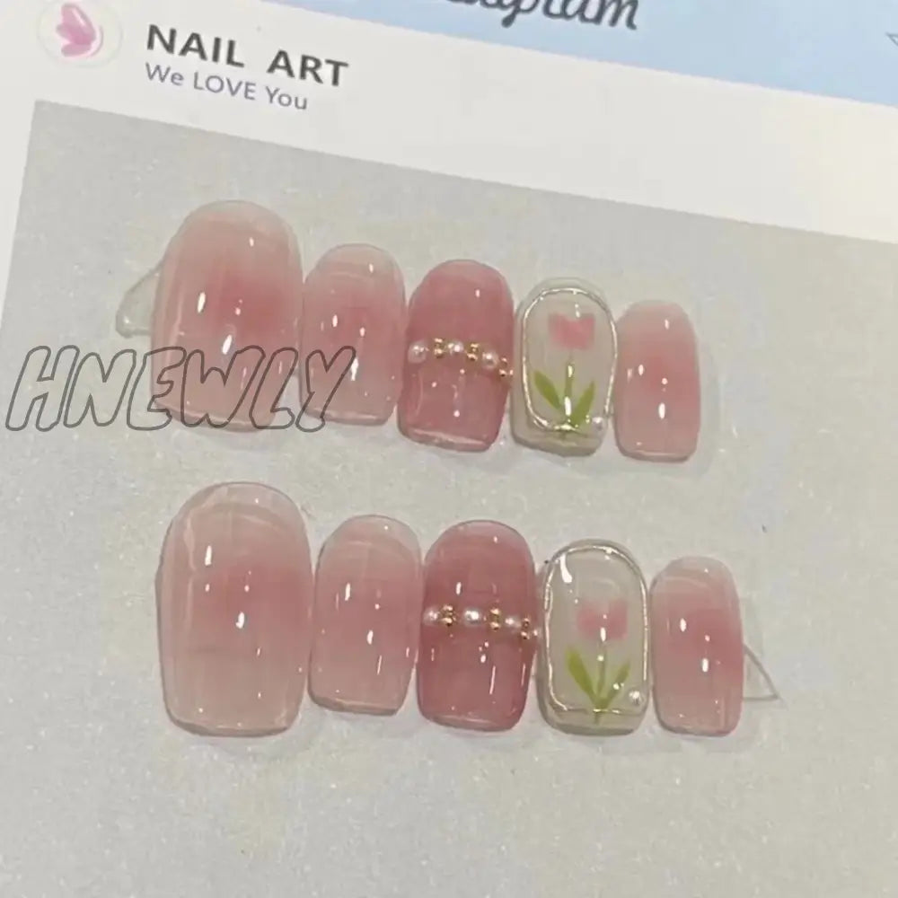 xsrrr Spring Girl Blush Manicure Pearl Tulip Square Fake Nails Pink Sweet Handmade Nail Art Patches Girl Gift