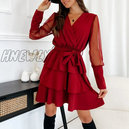 xsrrr Spring New Ladies Casual Office Mini Dress Summer Wrap V Neck Elastic Waist Party Dress For Women Ruffled Chiffon Dress Spring Outfits Trends