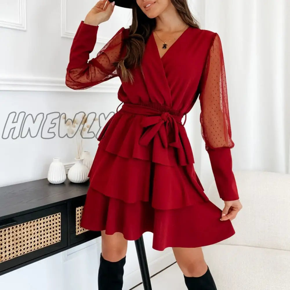 xsrrr Spring New Ladies Casual Office Mini Dress Summer Wrap V Neck Elastic Waist Party Dress For Women Ruffled Chiffon Dress Spring Outfits Trends