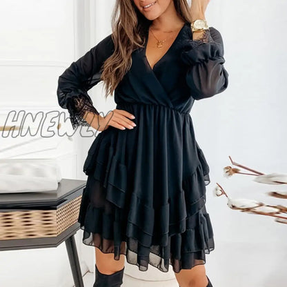 xsrrr Spring New Ladies Casual Office Mini Dress Summer Wrap V Neck Elastic Waist Party Dress For Women Ruffled Chiffon Dress Spring Outfits Trends