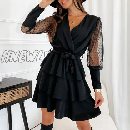 xsrrr Spring New Ladies Casual Office Mini Dress Summer Wrap V Neck Elastic Waist Party Dress For Women Ruffled Chiffon Dress Spring Outfits Trends