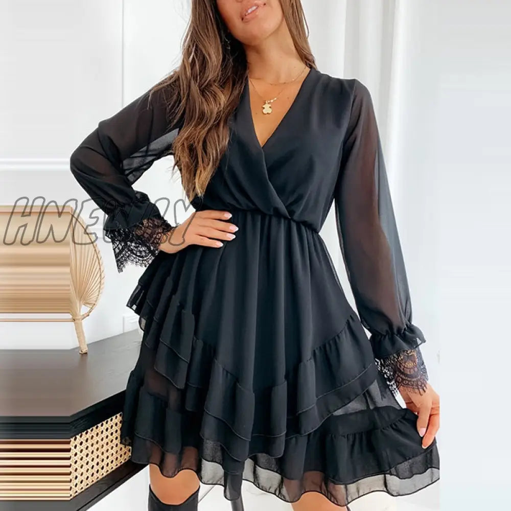 xsrrr Spring New Ladies Casual Office Mini Dress Summer Wrap V Neck Elastic Waist Party Dress For Women Ruffled Chiffon Dress Spring Outfits Trends